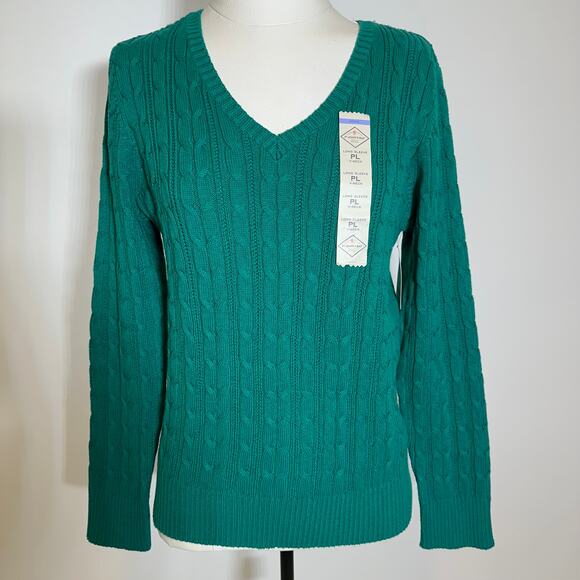 NWT St. John's Bay Green Cable Knit V-Neck Sweater Womens Petite Size PL Preppy - Picture 1 of 10